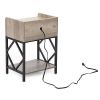 Set of 2 Wood Nightstand, Farmhouse End Table with Charging Station, USB Ports,